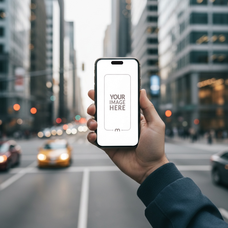 iPhone Mockup Generator in Hand with City Road and Buildings Behind preview image