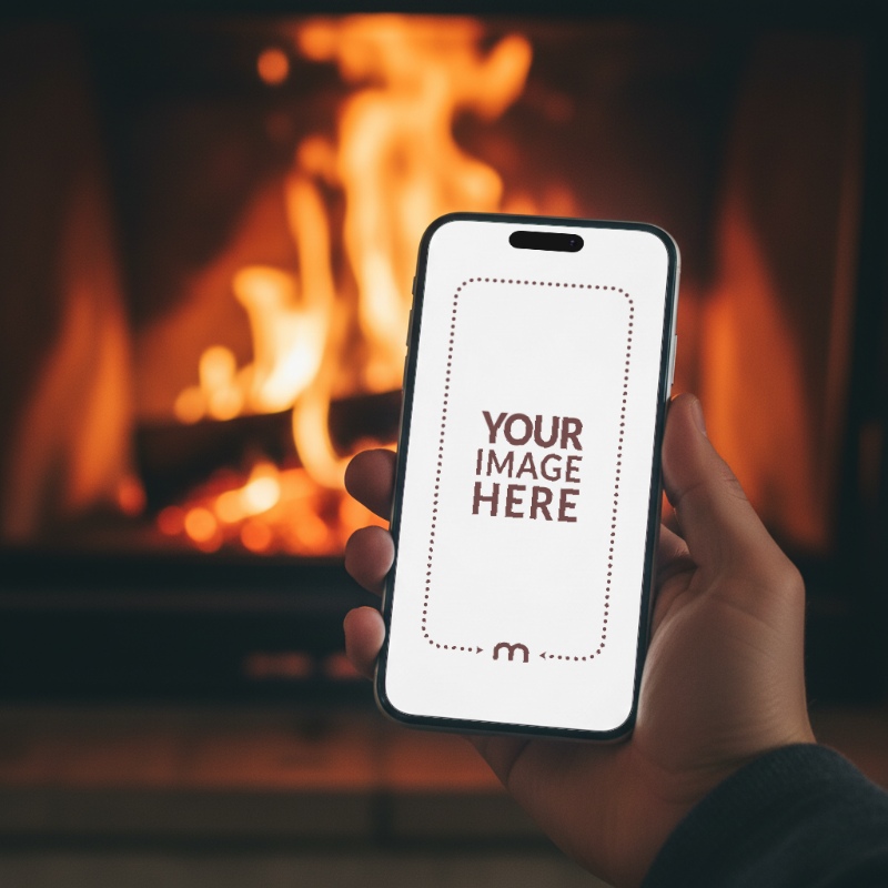 iPhone Mockup Generator in Hand with Warm Fireplace in Background preview image
