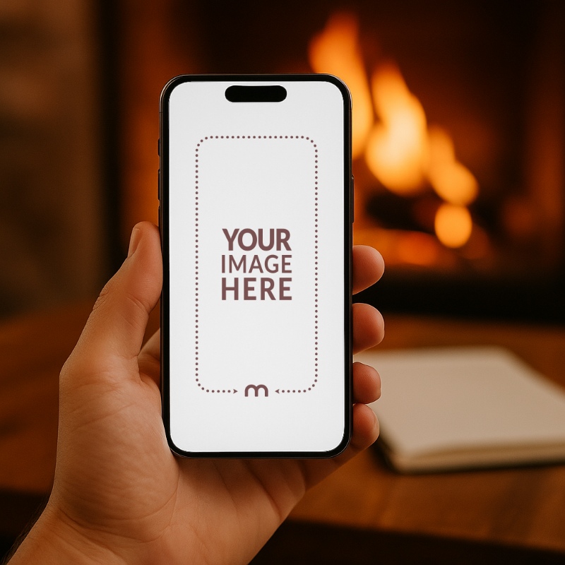 iPhone Mockup Generator in Hand in Front of Festive Fireplace Scene preview image