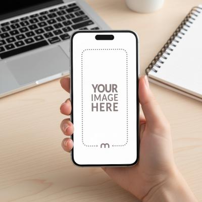 iPhone Mockup Generator in Hand with Open MacBook on Desk Behind