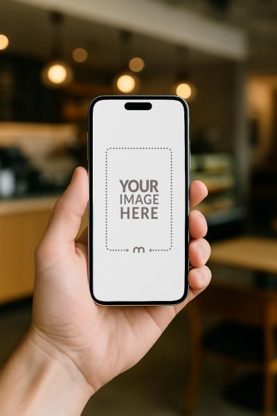 iPhone Mockup Generator in Hand with Bookshelves at a Library