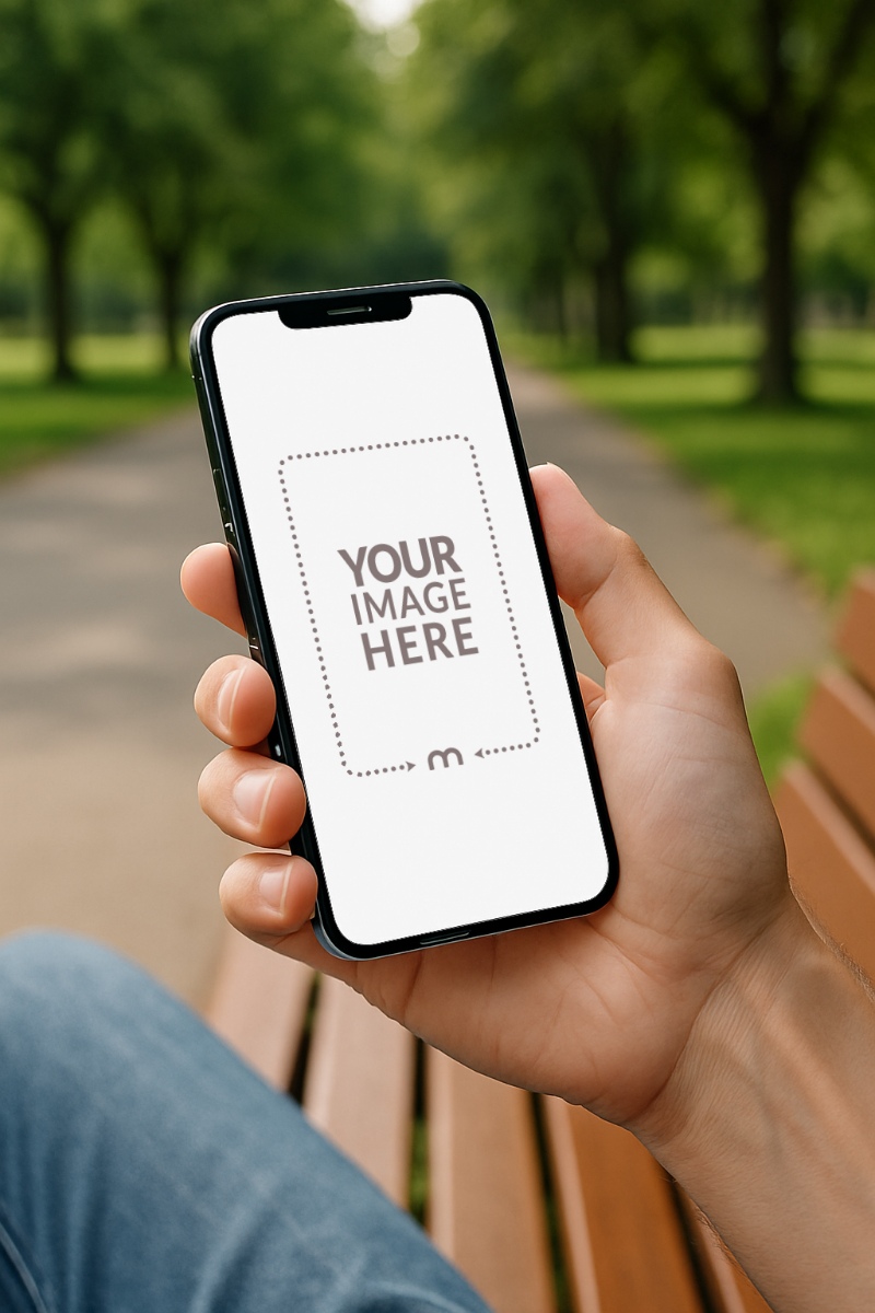 iPhone Mockup Generator in Hand with Trees and Bench in a Park preview image