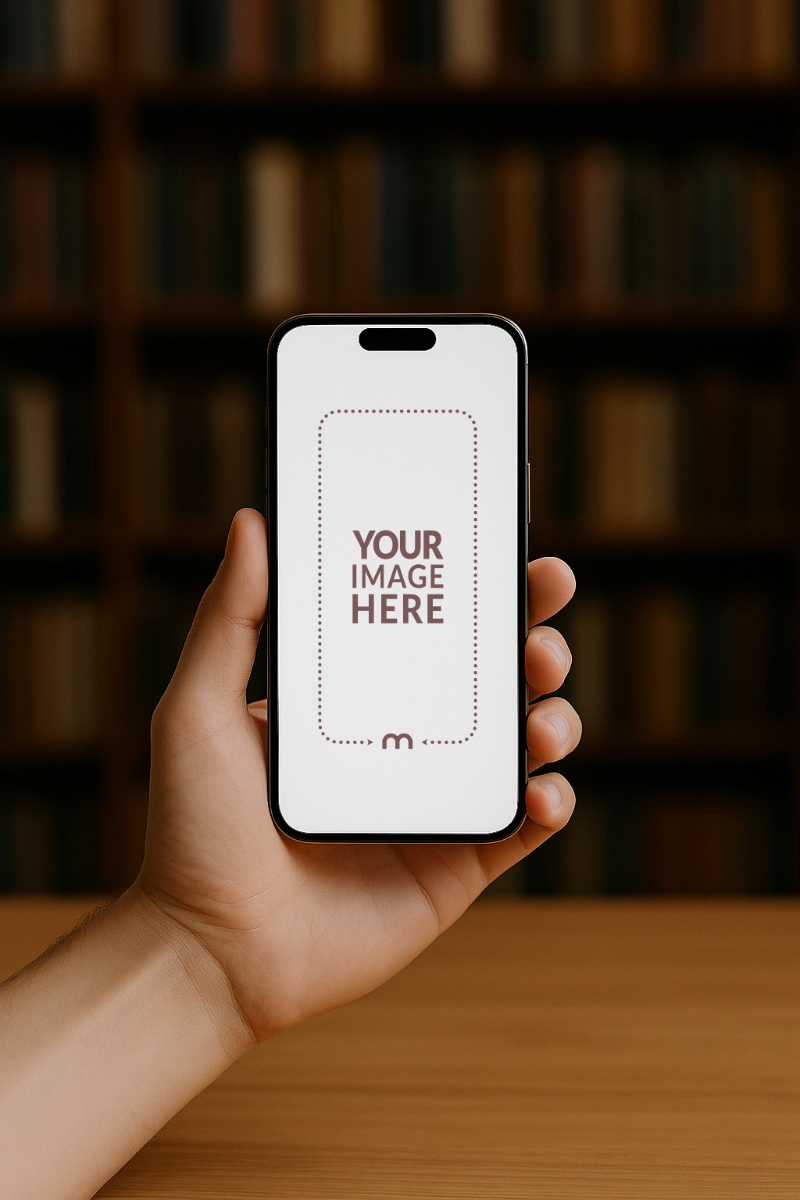 iPhone Mockup Generator in Hand with Wooden Shelves in a Library preview image