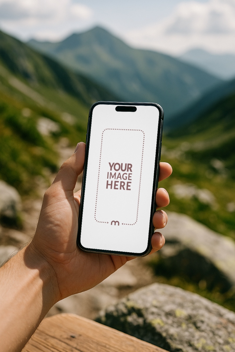 iPhone Mockup Generator in Hand with Greenery and Rocks Outdoors preview image