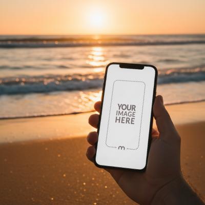iPhone Mockup Generator in Hand with Beach Waves and Horizon Line