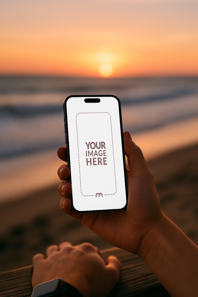 iPhone Mockup Generator in Hand with Golden Sunset in Background preview image