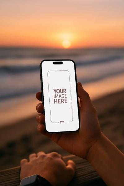 iPhone Mockup Generator in Hand with Golden Sunset in Background