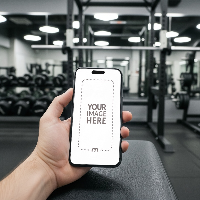 iPhone Mockup Generator in Hand at Gym with Mirrors and Equipment preview image