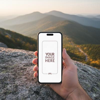 iPhone Mockup Generator in Hand in Front of Forest and Trees