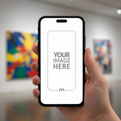 iPhone Mockup Generator in Hand at a Bright Art Gallery Space