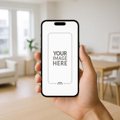 iPhone Mockup Generator in Hand in Warm Toned Living Room