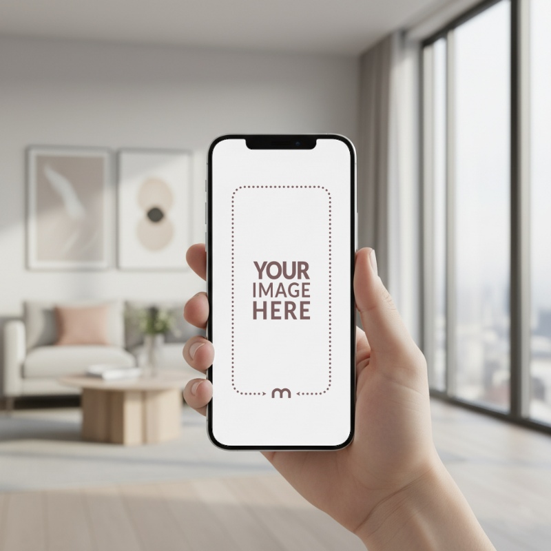 iPhone Mockup Generator in Hand with Couch in Living Room Behind preview image
