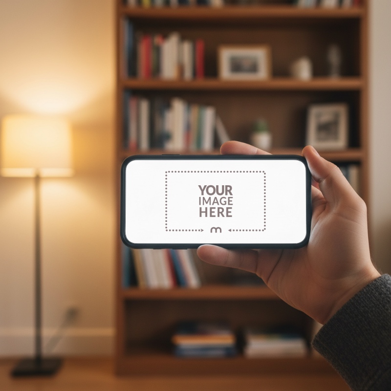 Landscape iPhone Mockup in Hand in Living Room Interior preview image