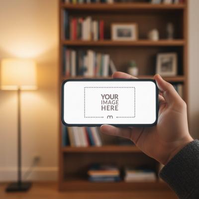 Landscape iPhone Mockup in Hand in Living Room Interior