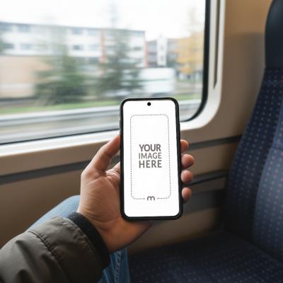 Smartphone Mockup Generator in Hand Inside Train by Window Seat