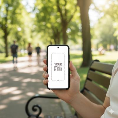 Smartphone Mockup in Hand Sitting on Park Bench Outdoors