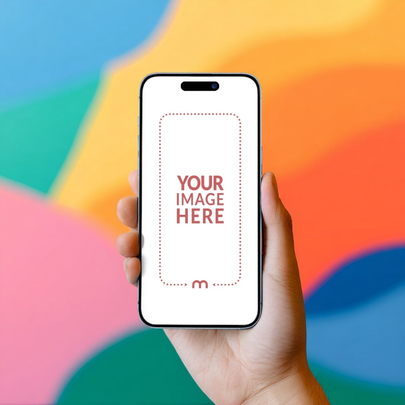 iPhone Mockup Generator in Hand with Colorful Urban Wall Behind preview image
