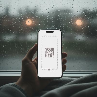 iPhone Mockup Generator in Hand Beside Rainy Window Scene