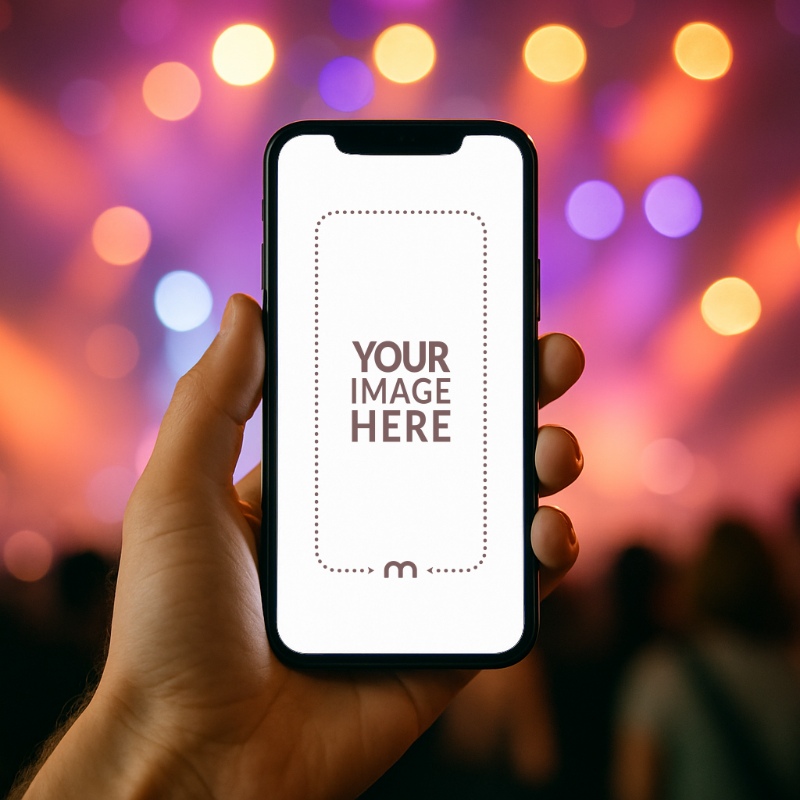 iPhone Mockup Generator in Hand with Crowd and Lights at a Concert preview image