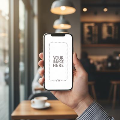 iPhone Mockup Generator in Hand at a Café with Blurred Seating Area