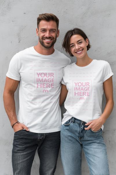 T-Shirt Mockup with Smiling Couple in Front of a Gray Textured Wall