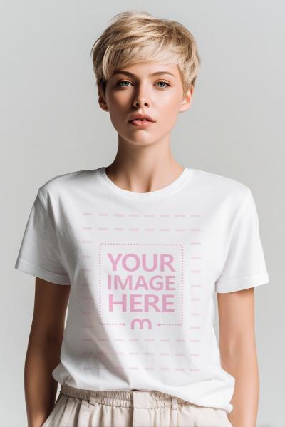 T-Shirt Mockup on Blonde Woman with Short Hair and Neutral Background