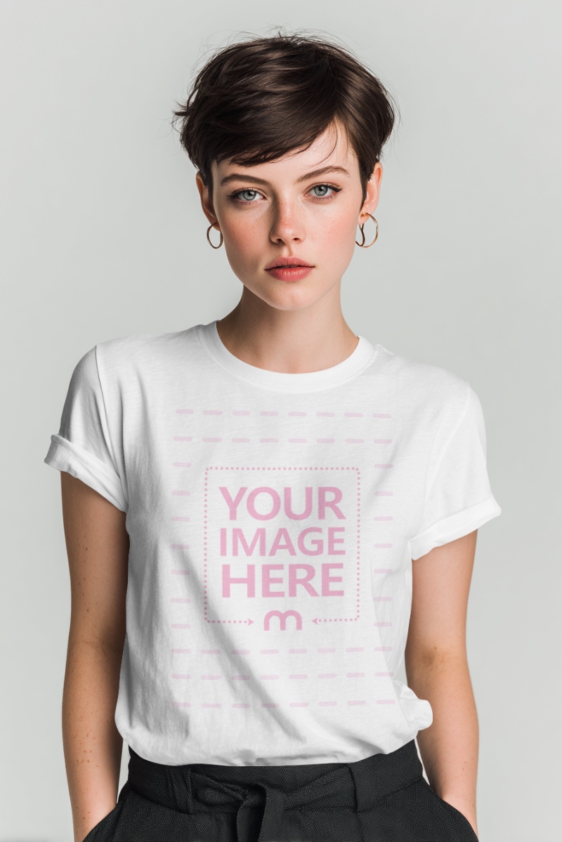 T-Shirt Mockup on Androgynous Model in Clean Gray Background Studio preview image