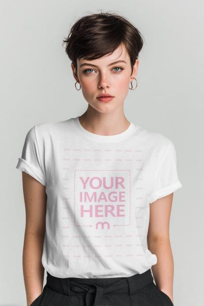 T-Shirt Mockup on Androgynous Model in Clean Gray Background Studio