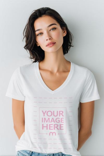T-Shirt Mockup with Woman Posing in a Minimal Gray Background Scene
