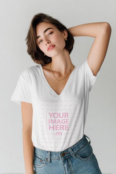 T-Shirt Mockup with Female Model Posing in Neutral Studio Environment