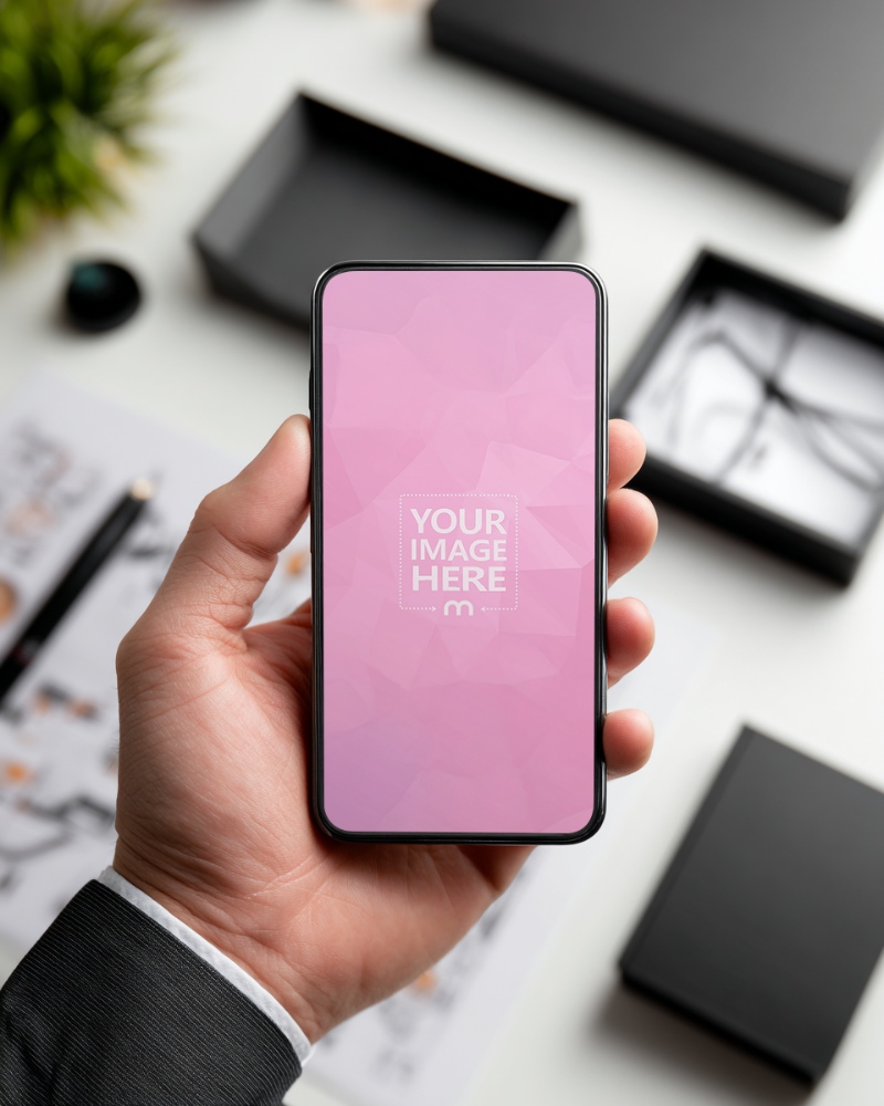 Smartphone Mockup in Male Hand Wearing Suit in Clean Office Scene preview image