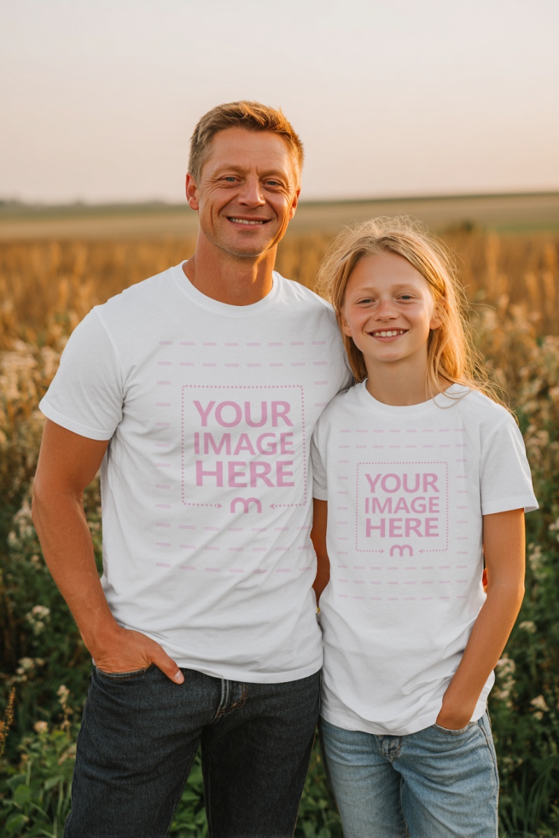 T-Shirt Mockup with Father and Son Posing in Sunny Park Environment preview image