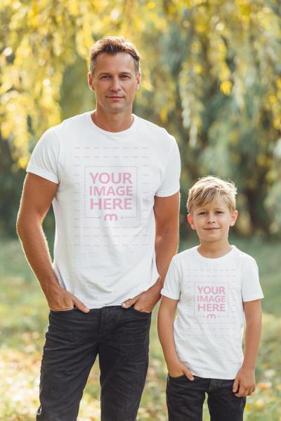 T-Shirt Mockup with Father and Son Smiling Together in a Park Scene