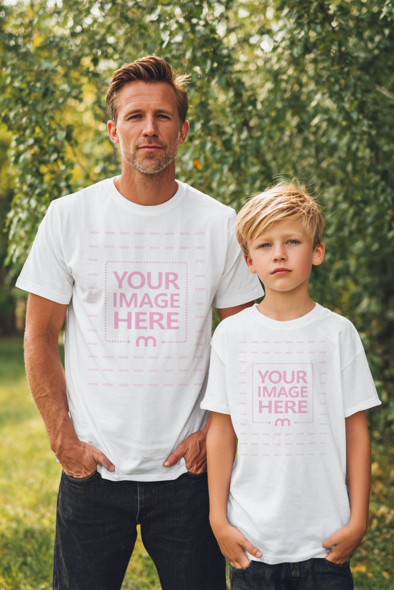 T-Shirt Mockup with Father and Boy Smiling in Sunlit Outdoor Park Scene preview image