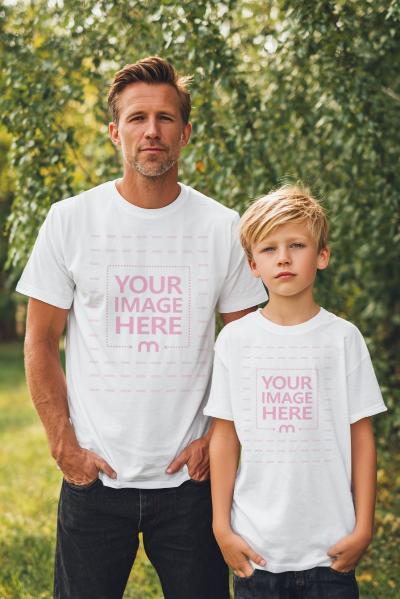 T-Shirt Mockup with Father and Boy Smiling in Sunlit Outdoor Park Scene