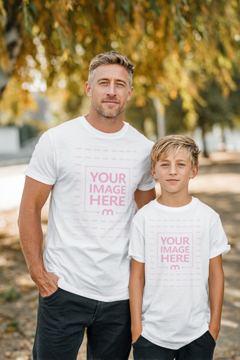 T-Shirt Mockup with Father and Son in Bright Daytime Park Background preview image