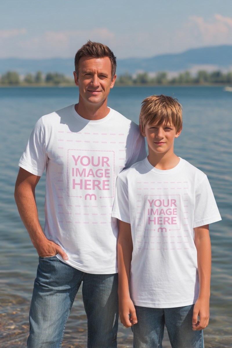 T-Shirt Mockup with Father and Son at the Beach in Bright Summer Light preview image