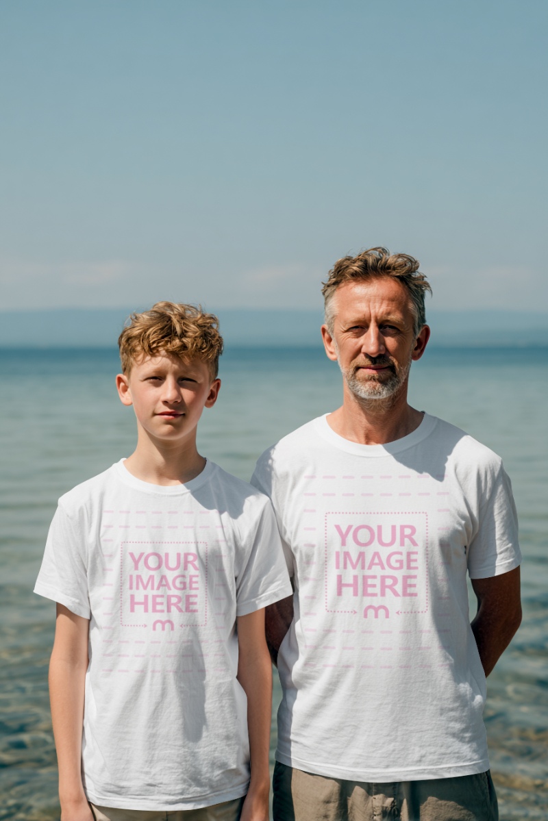 T-Shirt Mockup with Father and Son Posing on Sandy Beach in Daylight preview image