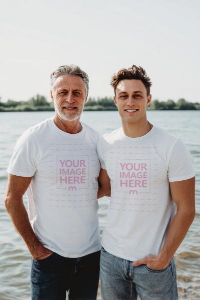T-Shirt Mockup with Father and Son by a Sunny Riverside Setting
