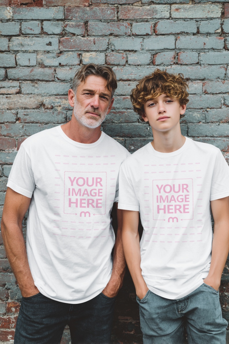T-Shirt Mockup with Grandfather and Teen Boy Against Cyan Brick Wall preview image