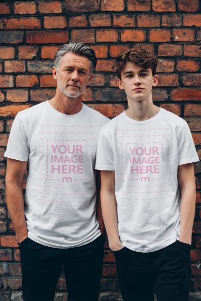 T-Shirt Mockup with Father and Son y in Front of Orange Brick Wall