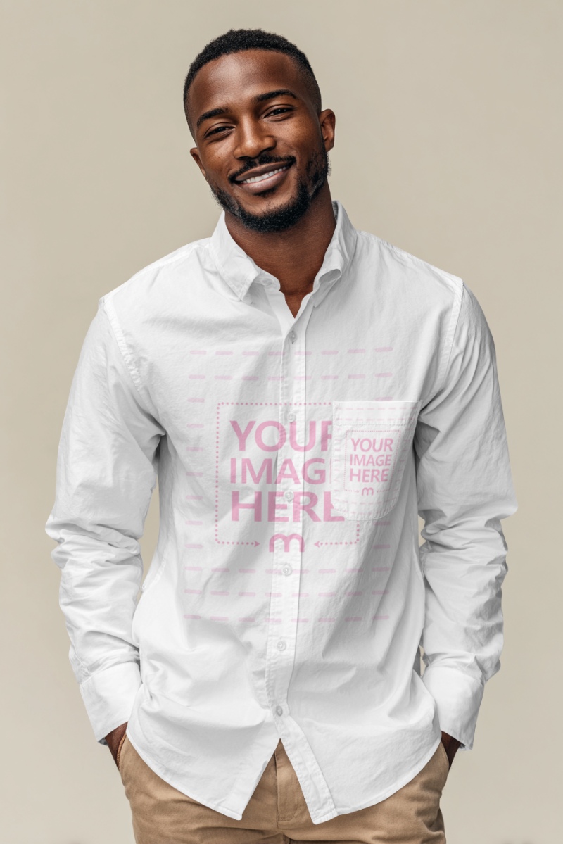 Button Shirt Mockup on Man with Cream Studio Background preview image