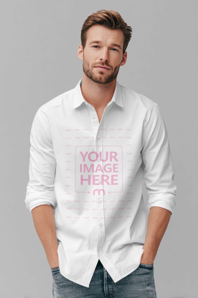 Button Shirt Mockup on Man with Editable Gray Background Studio preview image