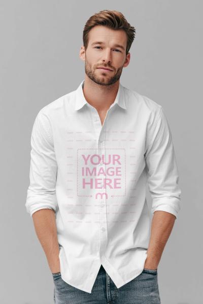 Button Shirt Mockup on Man with Editable Gray Background Studio