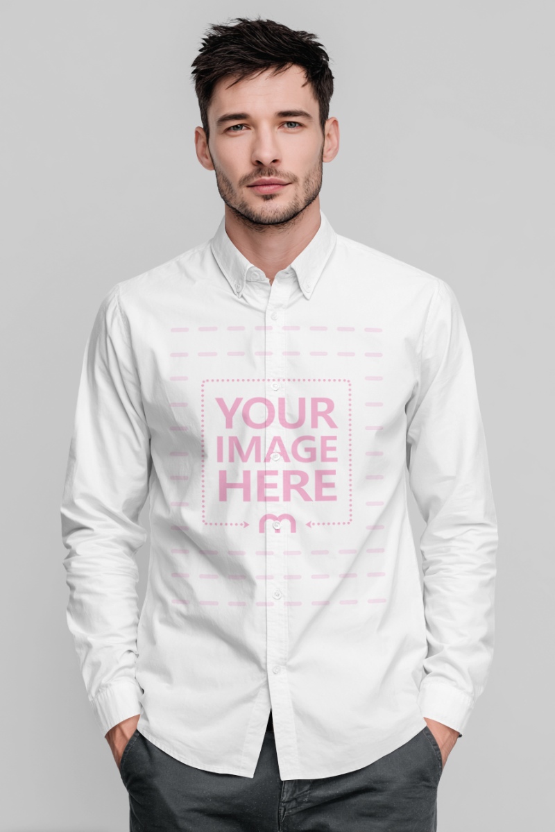 Button Shirt Mockup on Man in Simple Gray Studio Environment preview image