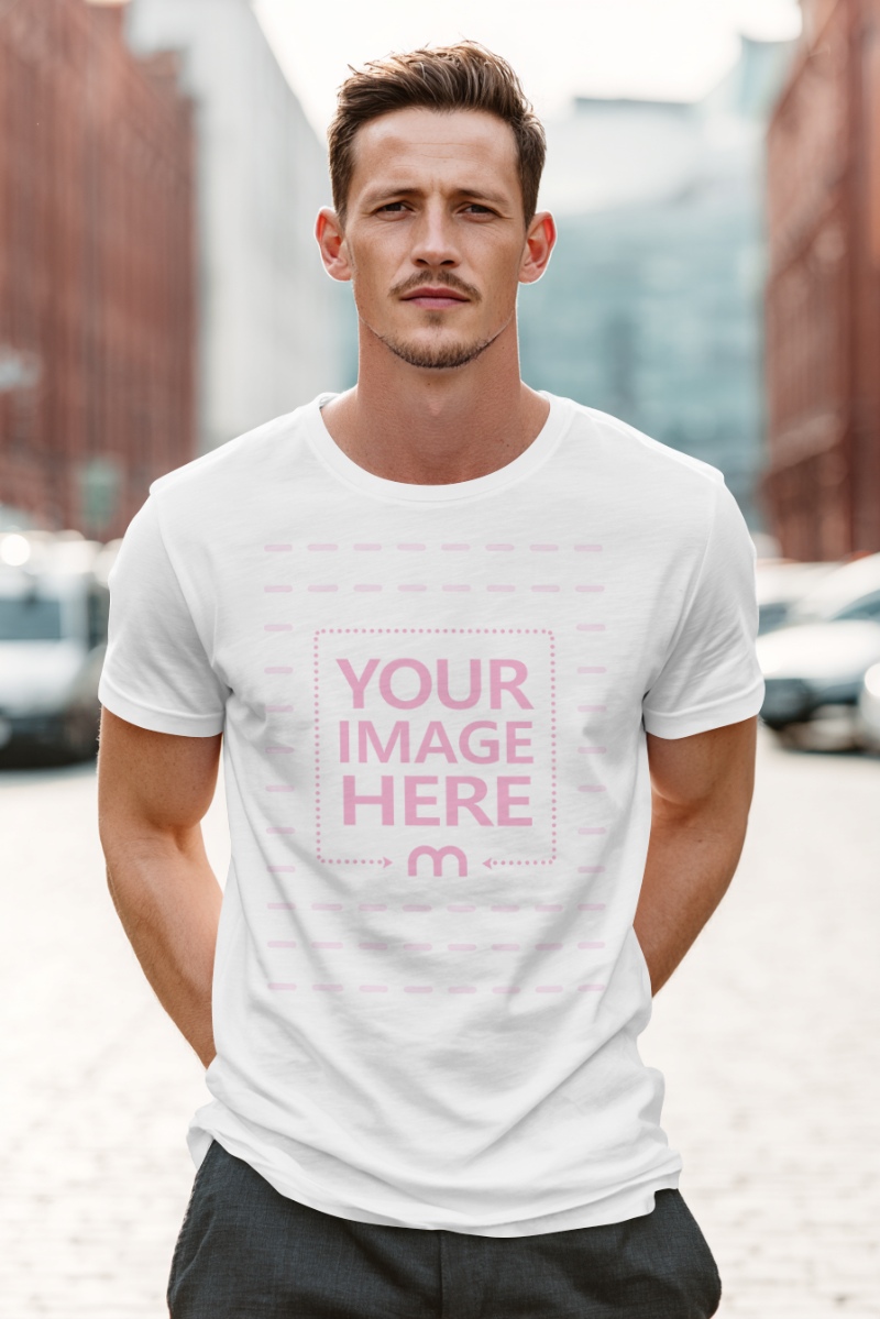 T-Shirt Mockup with Muscular Model in City with Tall Buildings Behind preview image