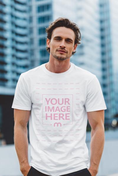 T-Shirt Mockup with Fit Man in Urban Skyline in Background
