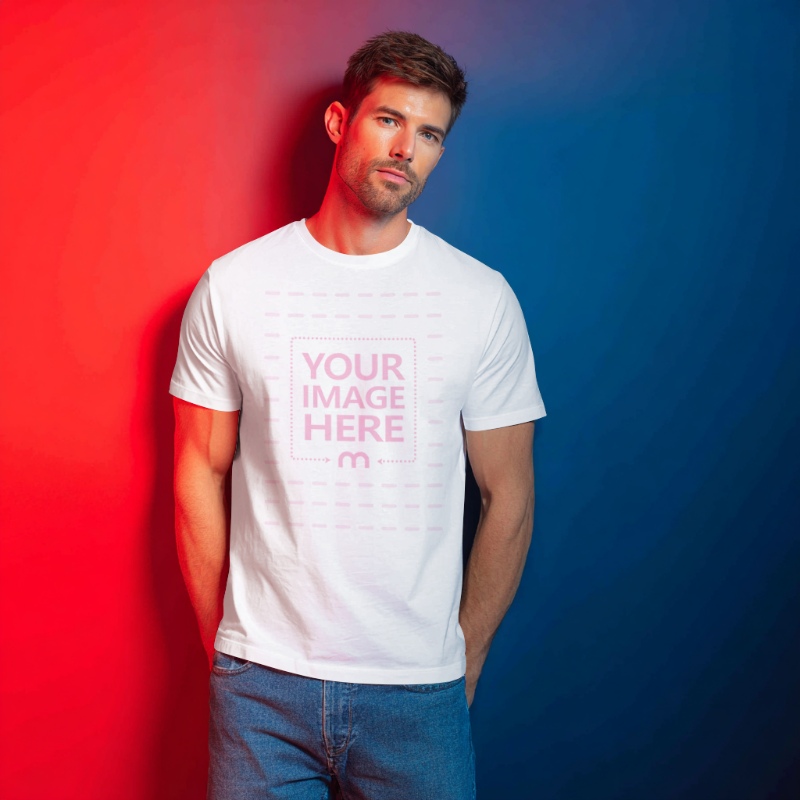 T-Shirt Mockup with Male Model infront of Colored Wall preview image