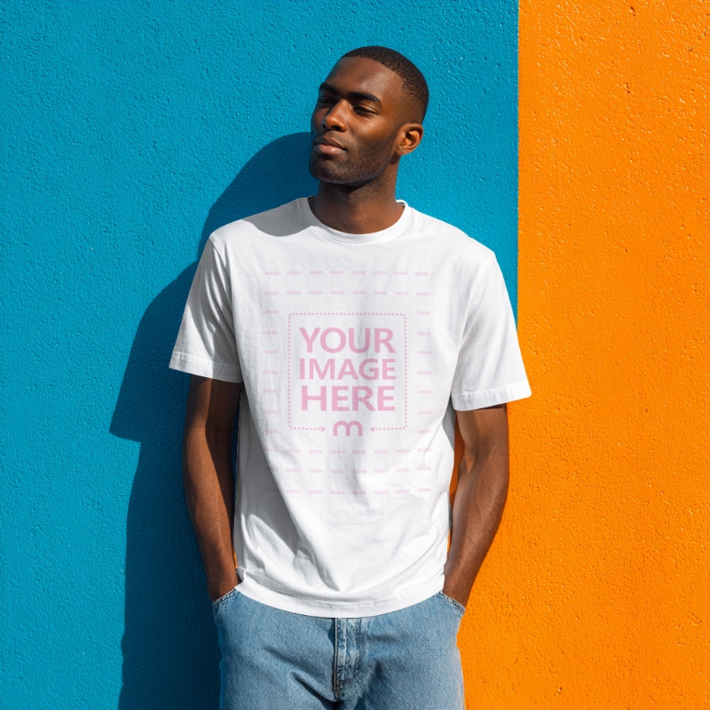 T-Shirt Mockup with Man Against Bright Blue and Orange Wall preview image