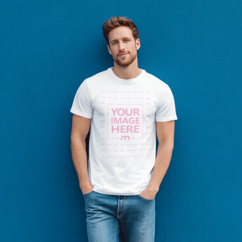Male T-Shirt Mockup with Man Posing infront of Blue Wall preview image